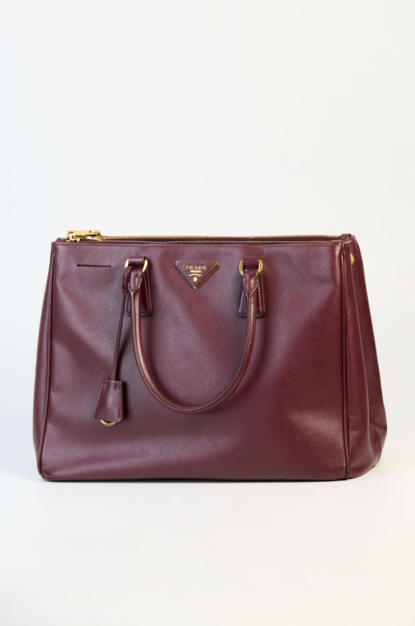 Prada Burgundy Saffiano Lux Leather Double Zip Executive Tote Bag