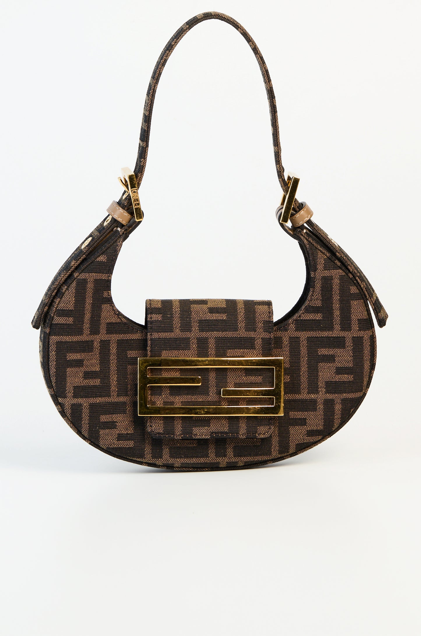 Fendi Fabric Jacquard FF 1974 Mini Cookie Hobo Bag Tobacco Moro