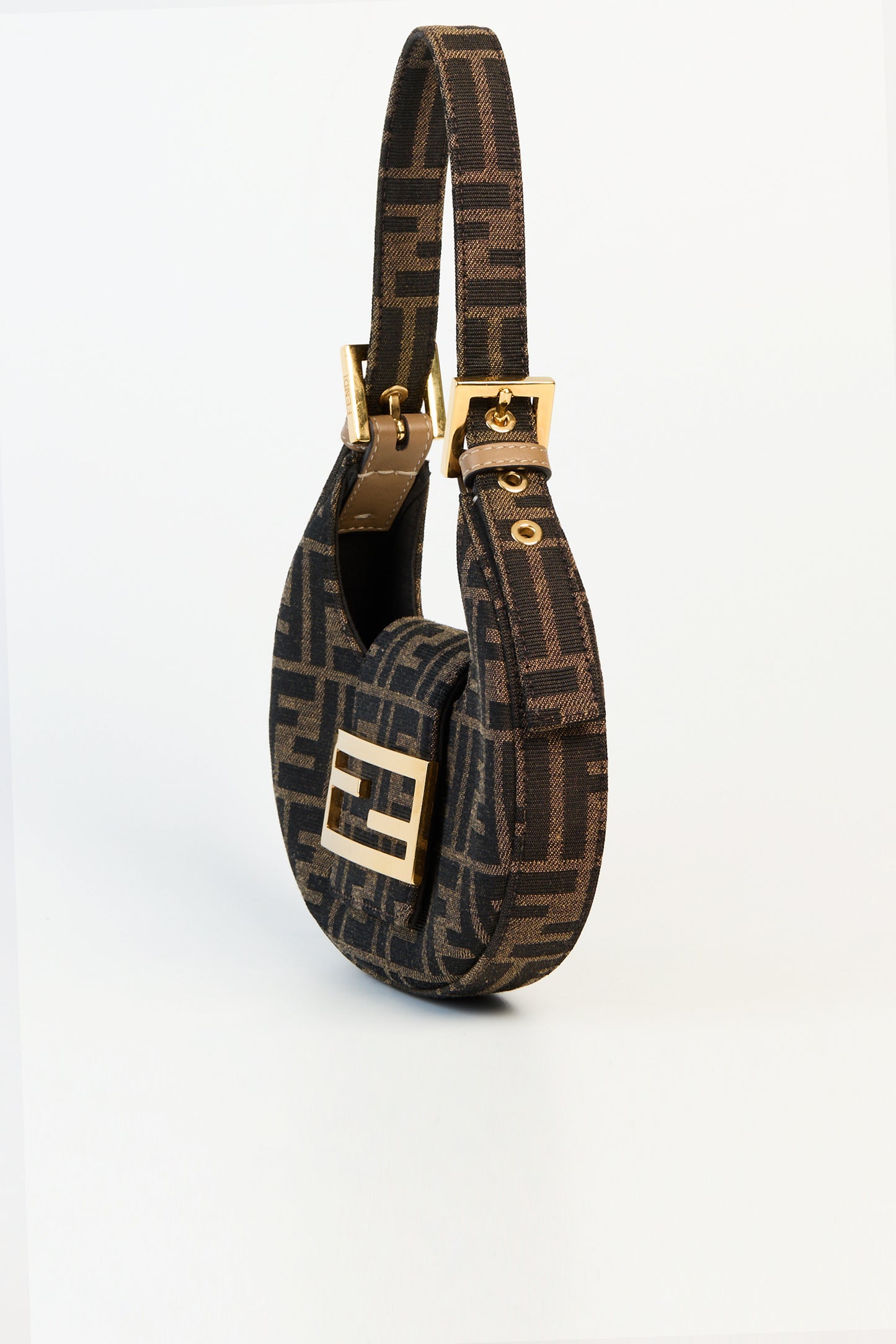Fendi Fabric Jacquard FF 1974 Mini Cookie Hobo Bag Tobacco Moro