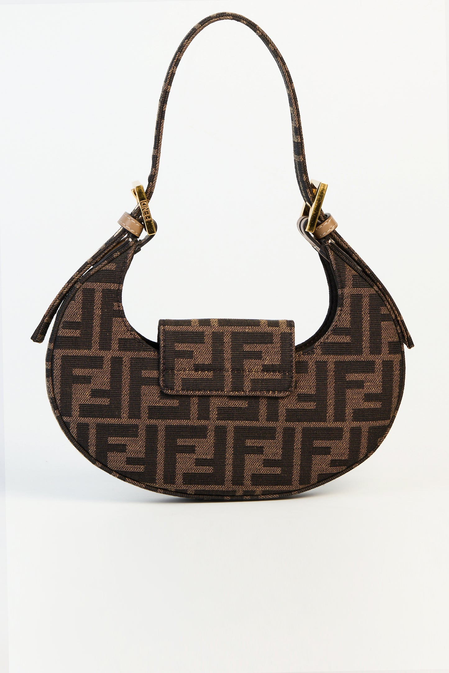 Fendi Fabric Jacquard FF 1974 Mini Cookie Hobo Bag Tobacco Moro