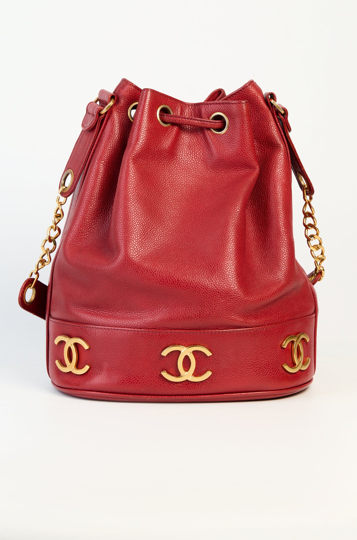Chanel 1992 Red Caviar Plaque Bucket Drawstring Tote Crossbody Bag