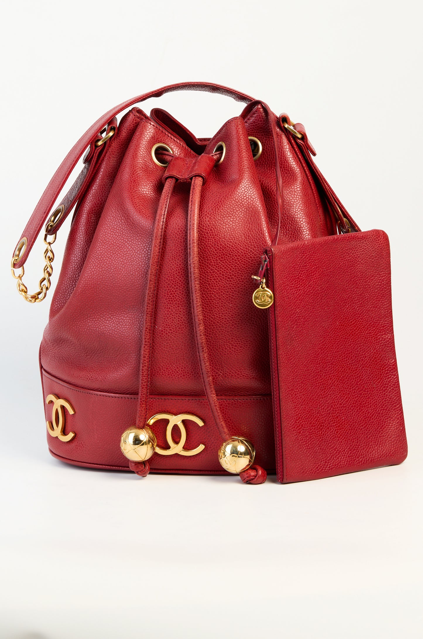 Chanel 1992 Red Caviar Plaque Bucket Drawstring Tote Crossbody Bag
