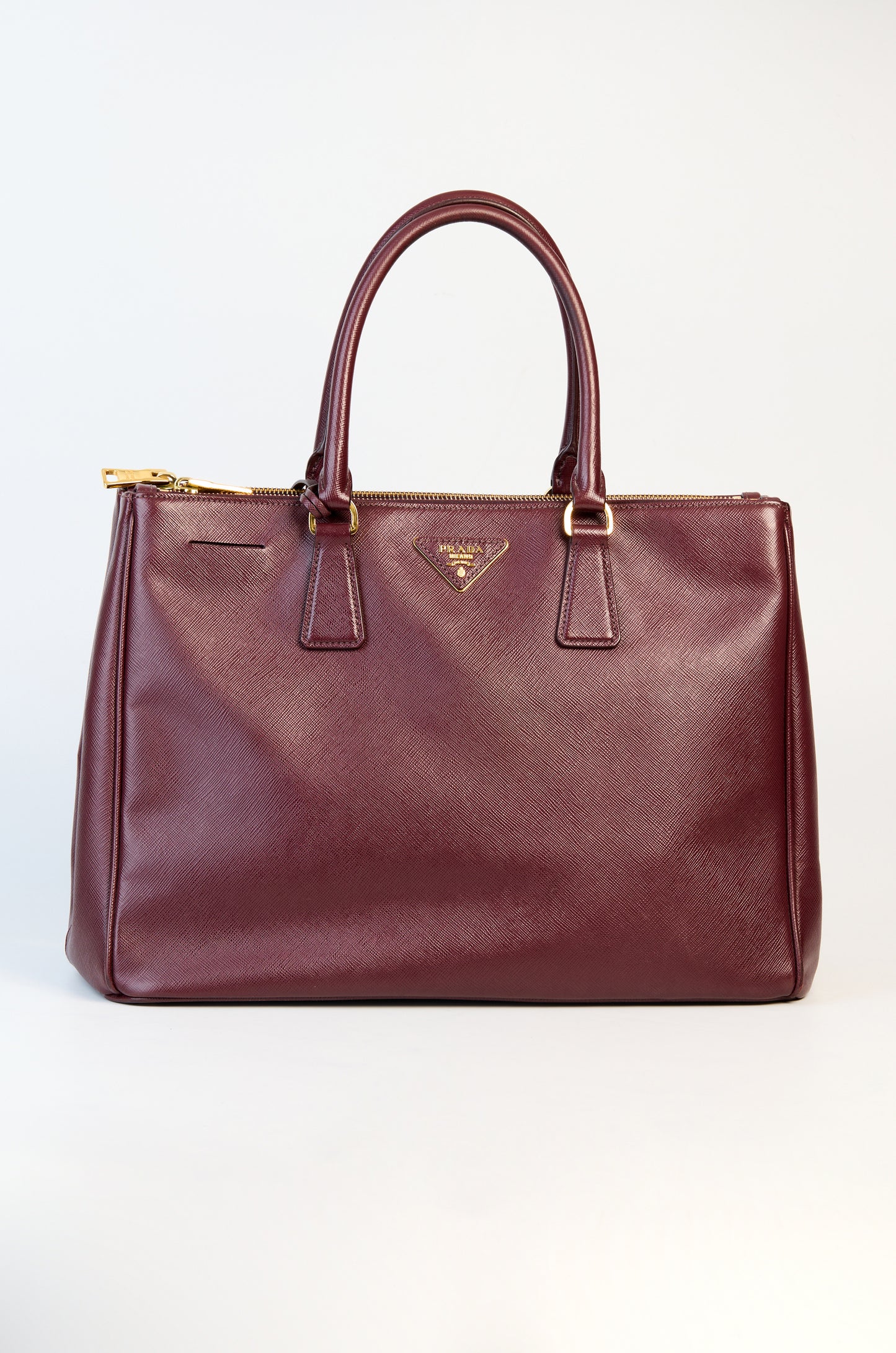 Prada Burgundy Saffiano Lux Leather Double Zip Executive Tote Bag