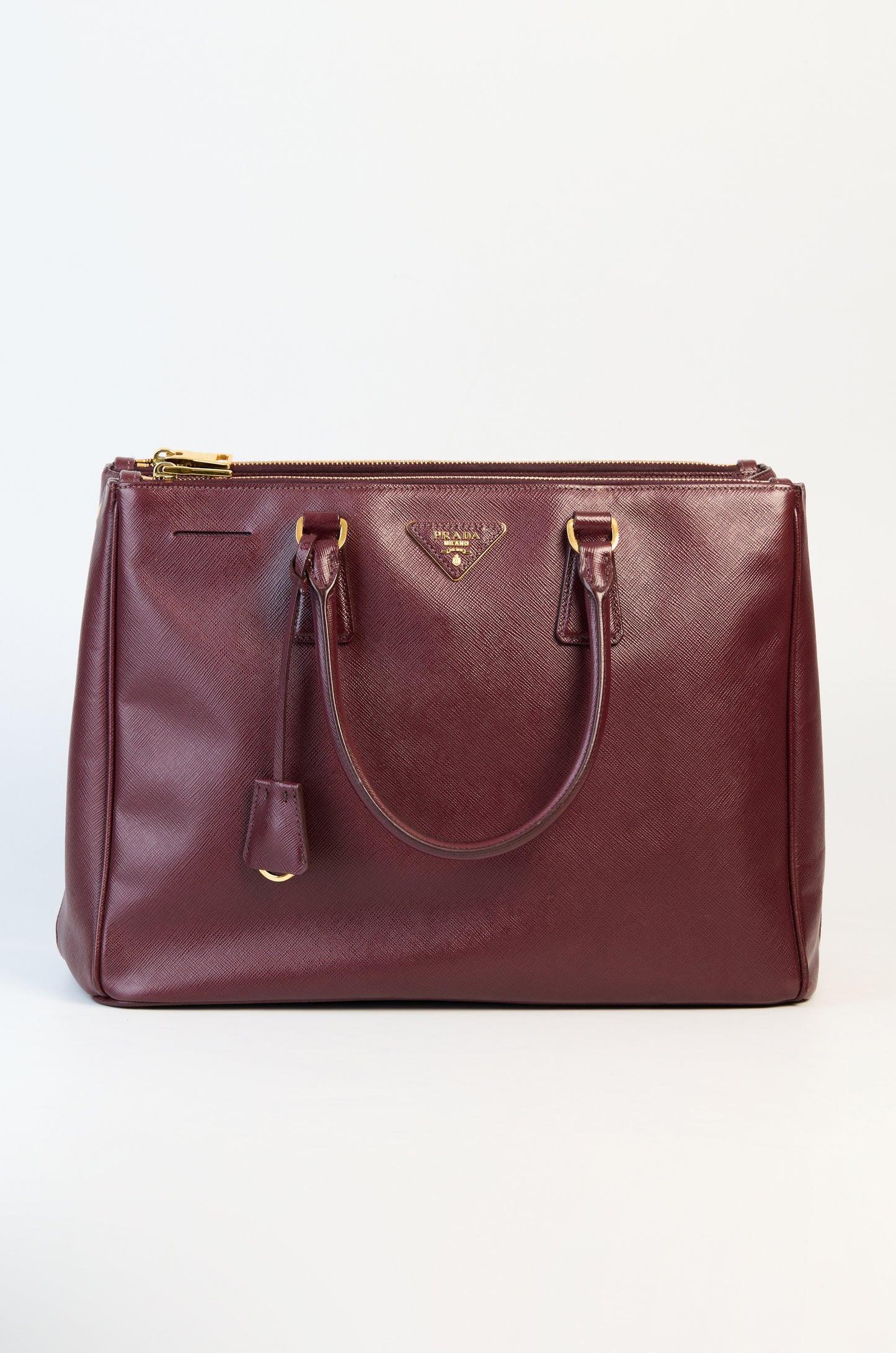 Prada Burgundy Saffiano Lux Leather Double Zip Executive Tote Bag