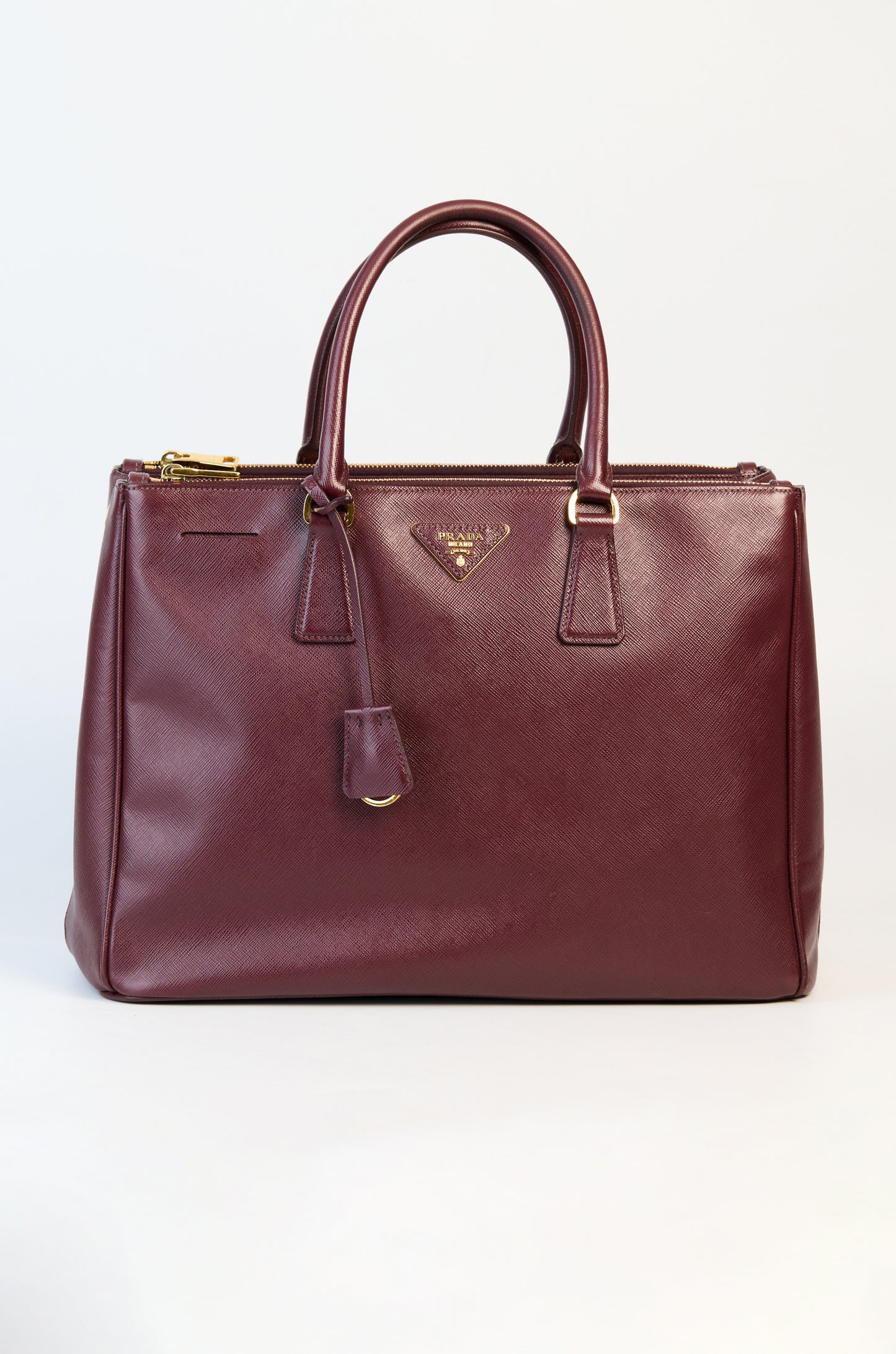 Prada Burgundy Saffiano Lux Leather Double Zip Executive Tote Bag