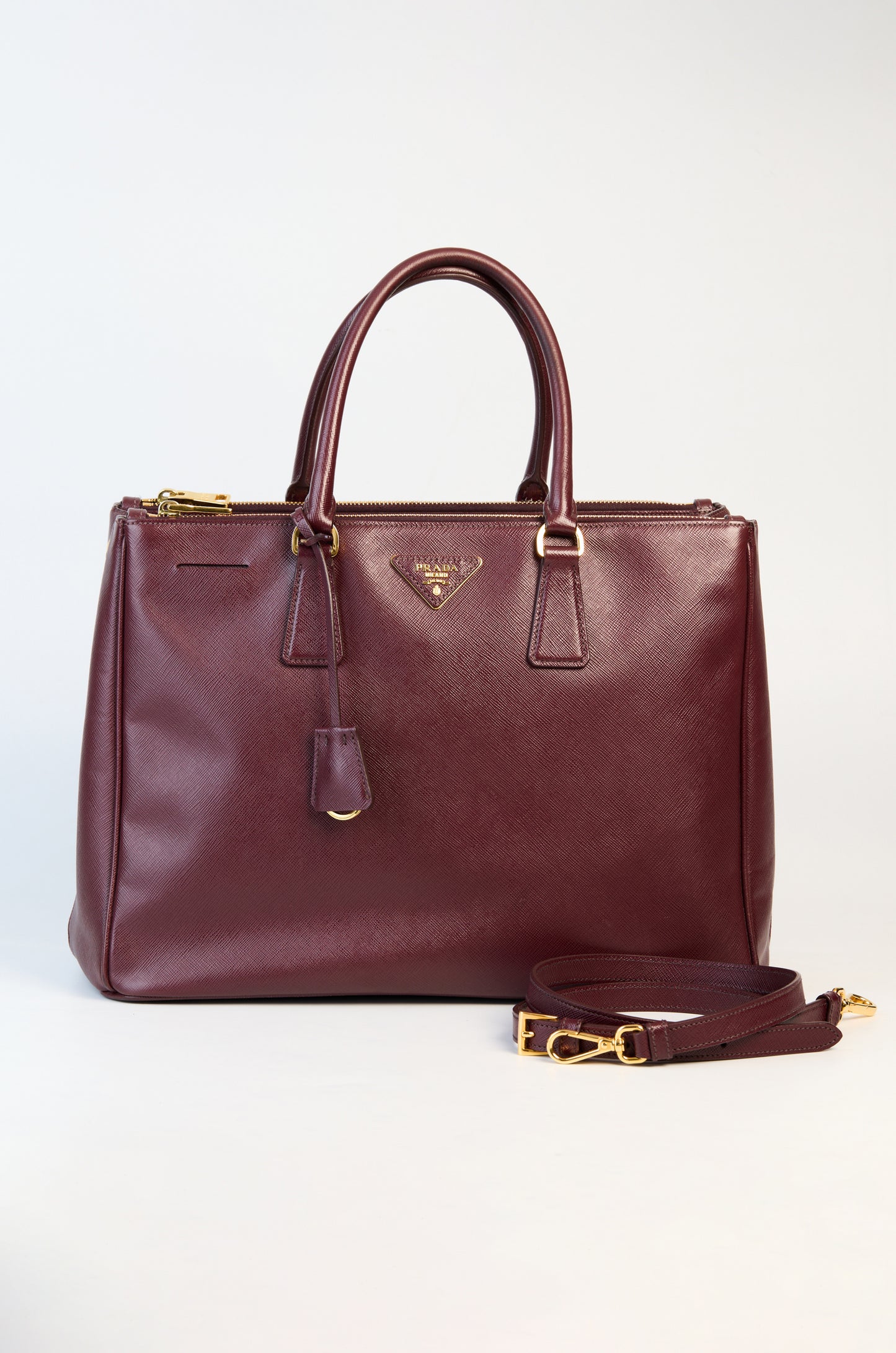 Prada Burgundy Saffiano Lux Leather Double Zip Executive Tote Bag