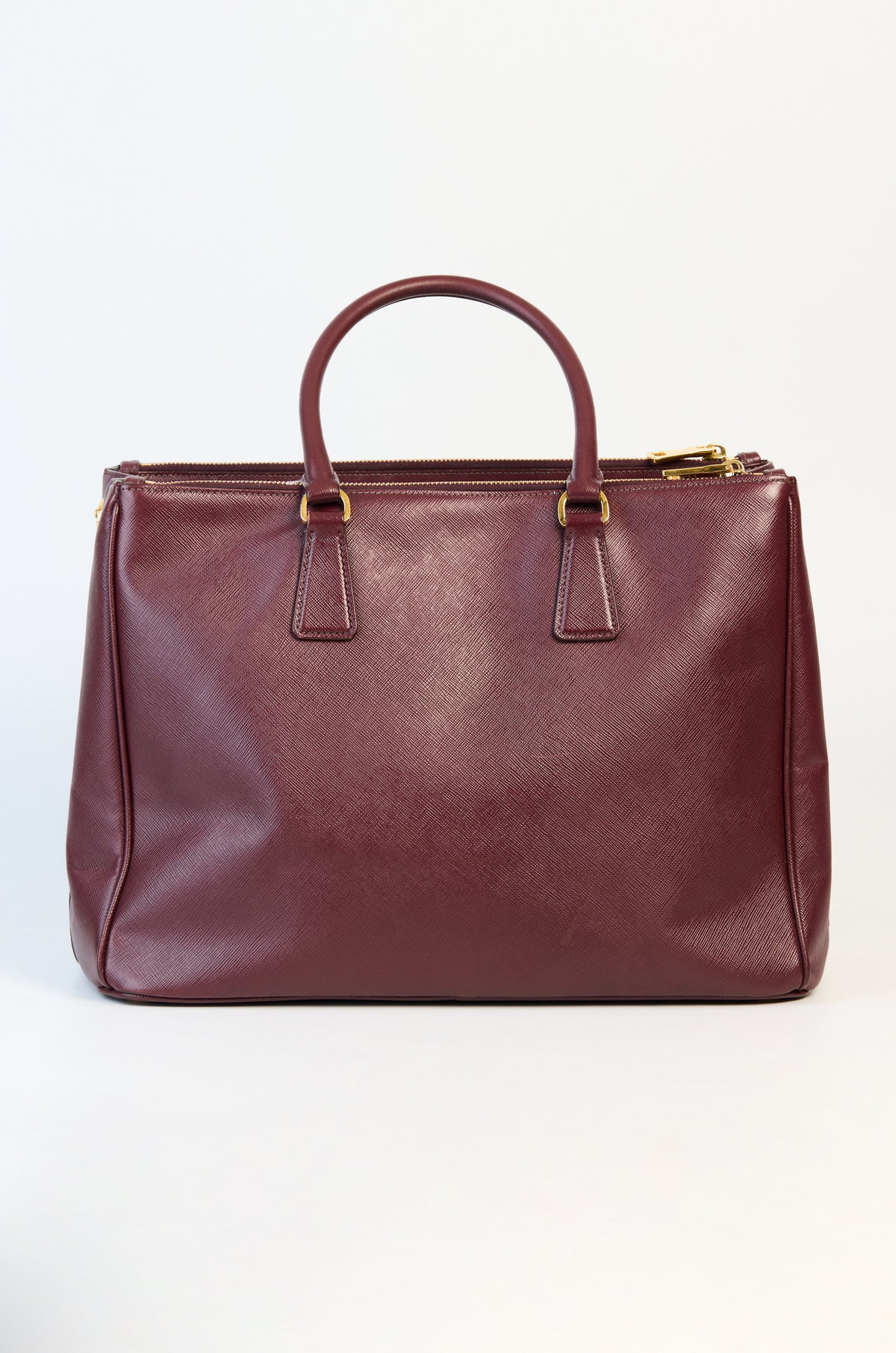 Prada Burgundy Saffiano Lux Leather Double Zip Executive Tote Bag