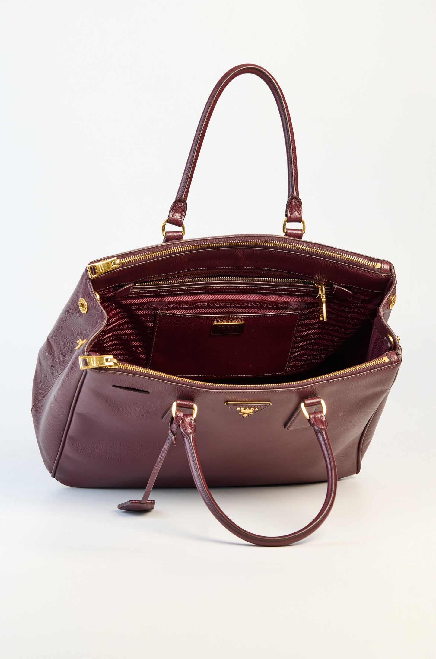 Prada Burgundy Saffiano Lux Leather Double Zip Executive Tote Bag